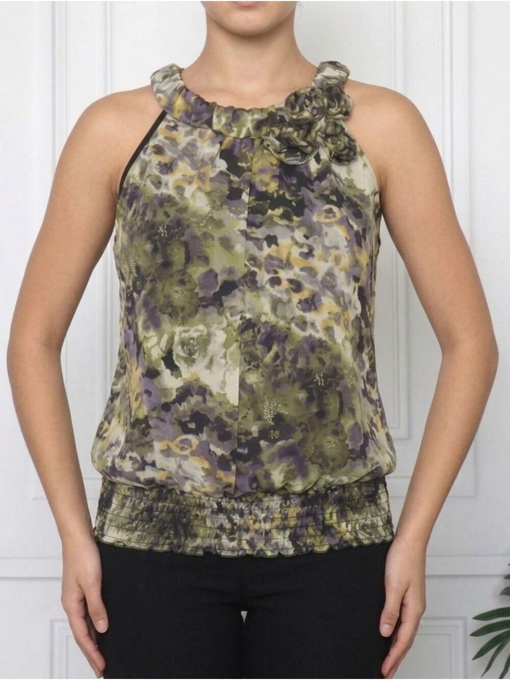 BCX Halter Top Camo Watercolor Smocked Waist Juniors XL Green Yellow